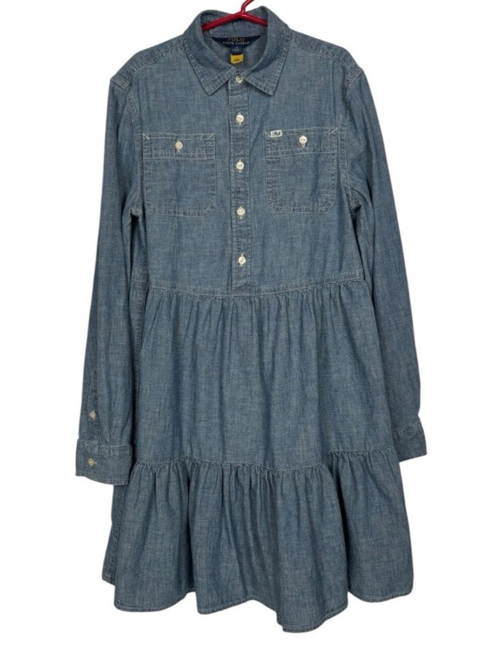 Polo Ralph Lauren Dress Girls 12 Tiered Chambray Shirtdress Blue Cotton